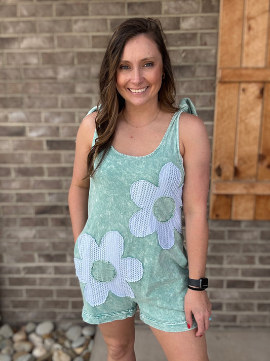 Dusty Cyan Mint Washed Lace Petal Flower Flower Patch Romper by J. Her