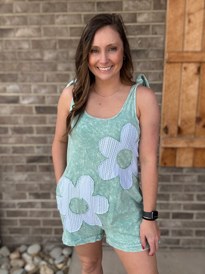 Dusty Cyan Mint Washed Lace Petal Flower Flower Patch Romper by J. Her