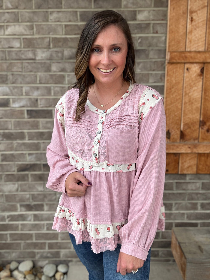 Dusty Pink Pintuck Patchwork Woven Top