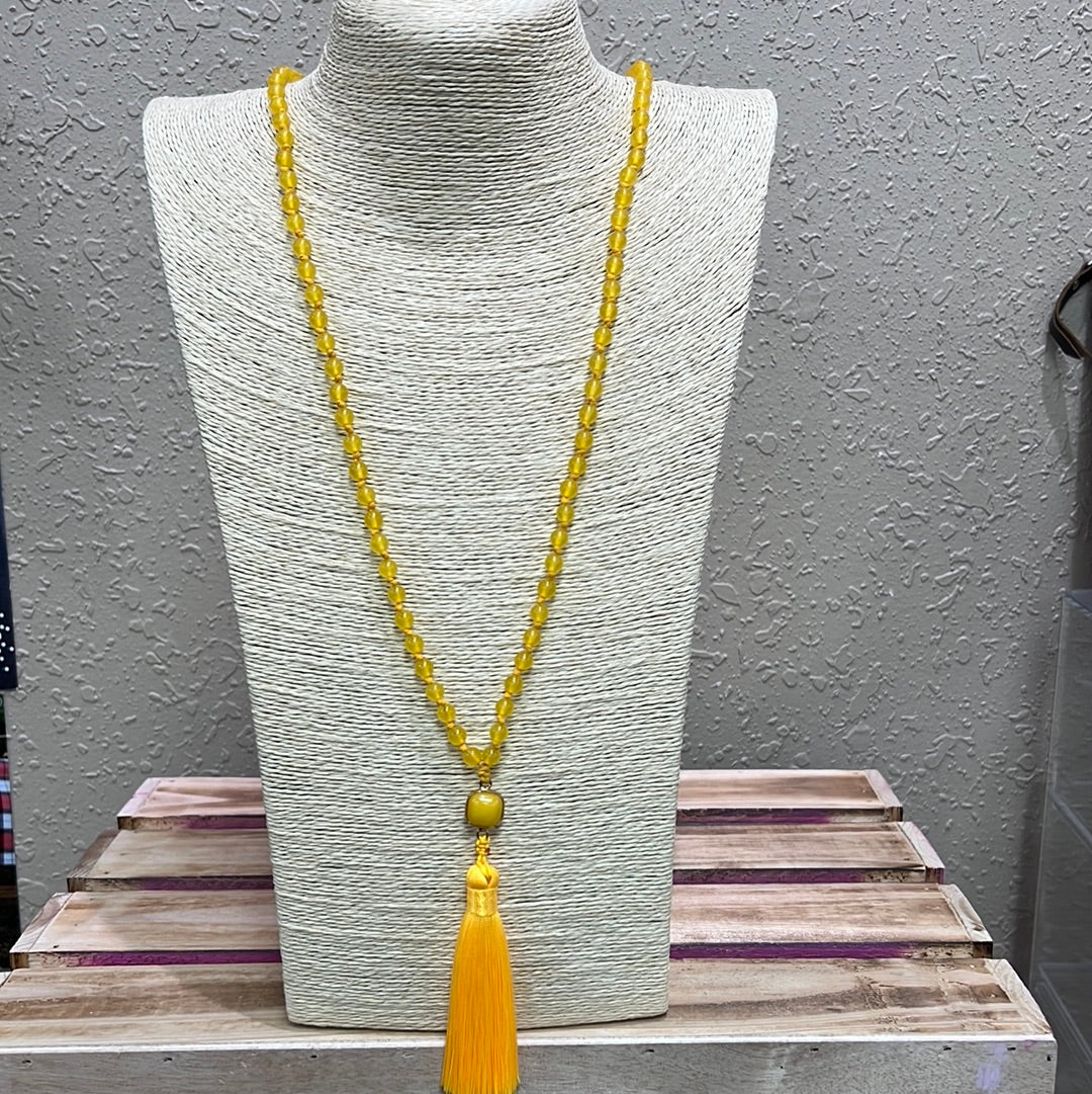 584- Golden Yellow Beaded Tassel Necklace