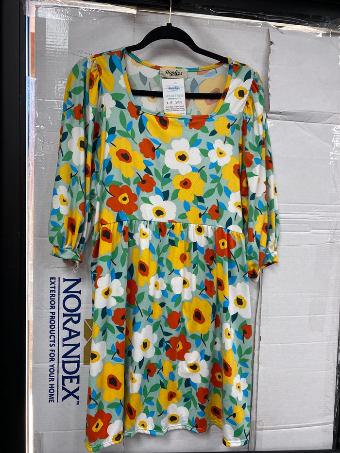 Green and Orange Balloon Sleeve Mid Calf Dress