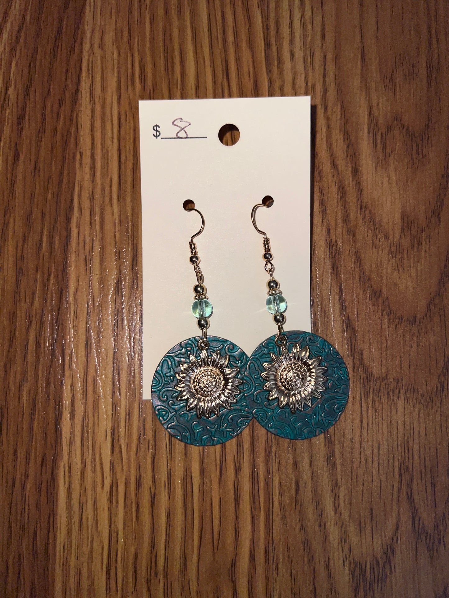 3054- Turquoise Metal Sunflower Earrings