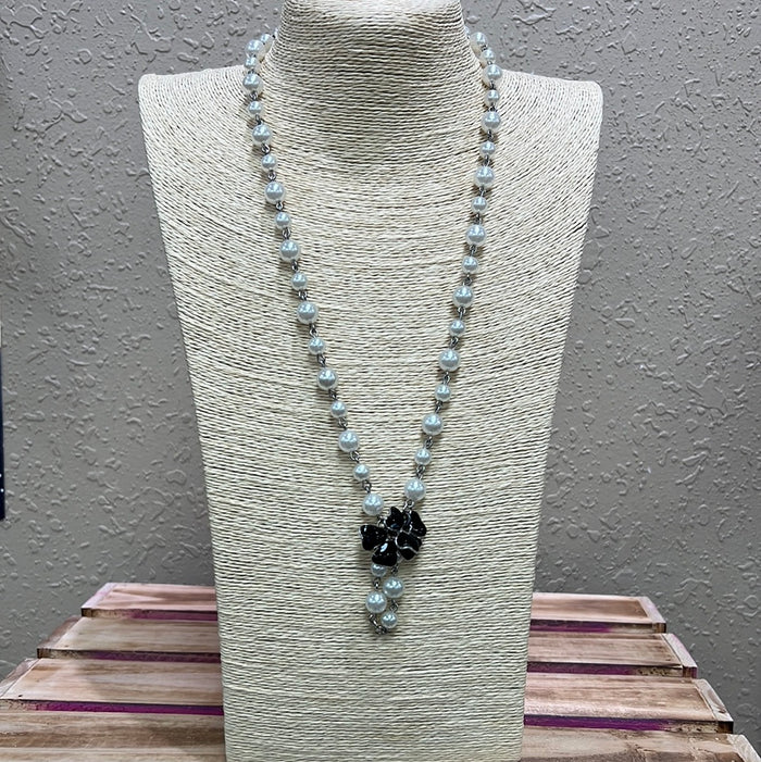 714- Pearl Necklace w/ Black Floral Pendant