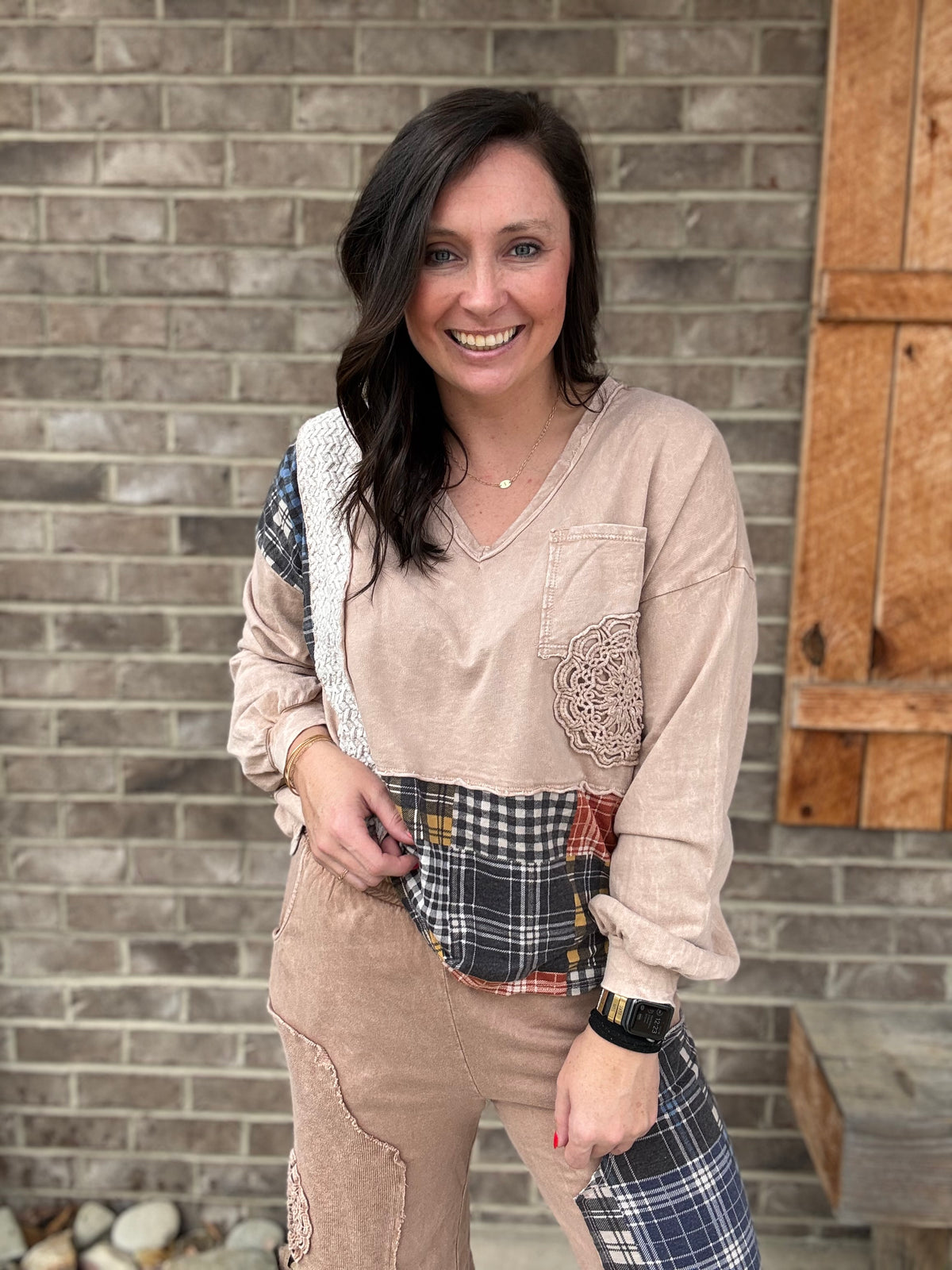 Latte Mineral Washed Plaid Patched Doily Top by J. Her