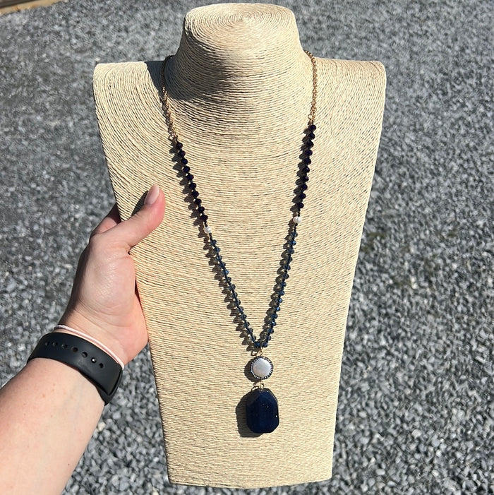 2293- Blue & Navy Beaded Necklace w/ Blue Stone Pendant