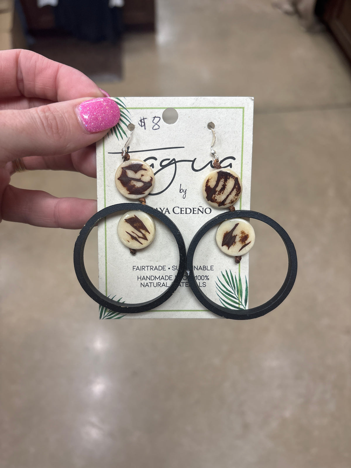 8444- Cream W/ Black Hoop Tauga Nut Earrings