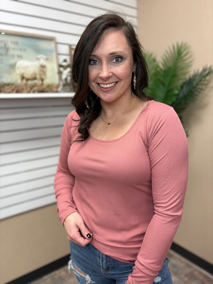 Mauve Ribbed Long Sleeve Top w/ Thumb Hole