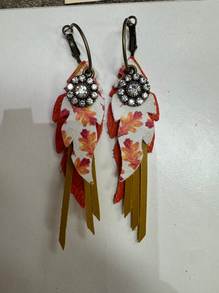 Orange, Mustard, Leaf print fall Hoop Earrings