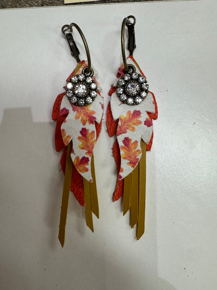 Orange, Mustard, Leaf print fall Hoop Earrings
