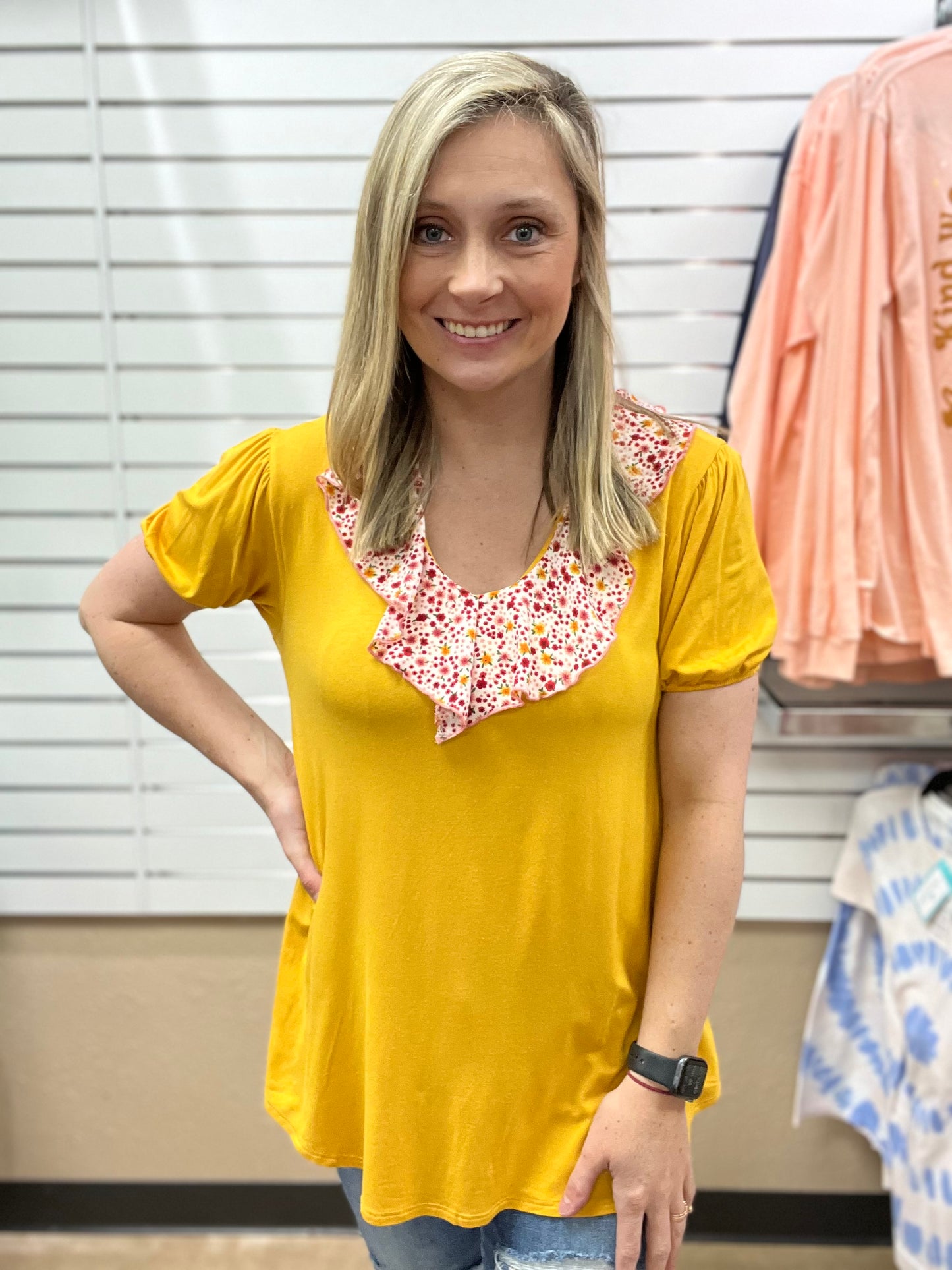 931- Mustard Bubble Sleeve Top w/ Ruffle Neck Detail