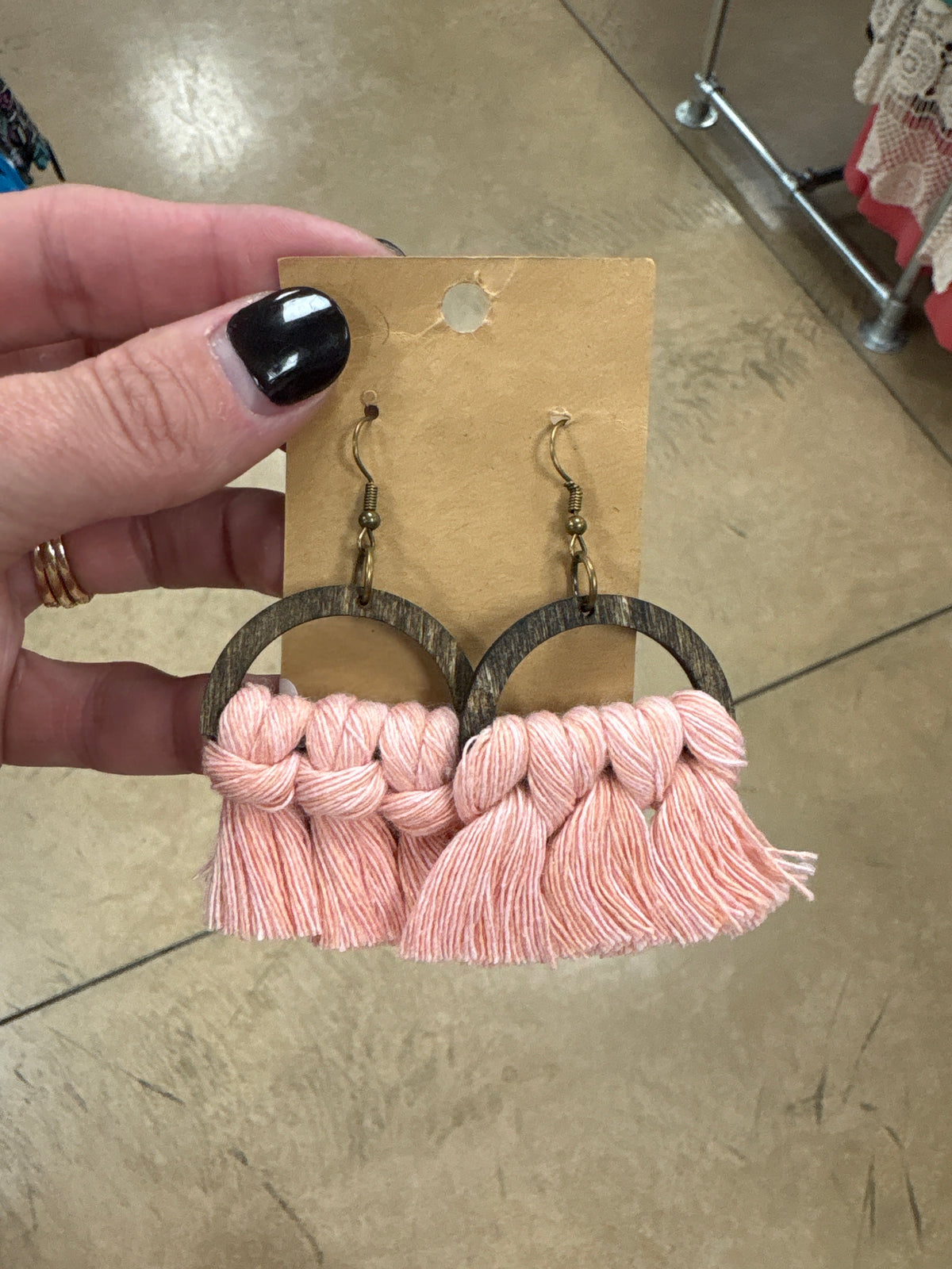 Pink Wooden Macrame Earrings