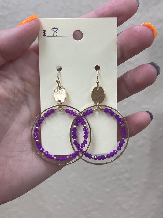 2980- Purple Beaded w/ Gold Hoop Earrings