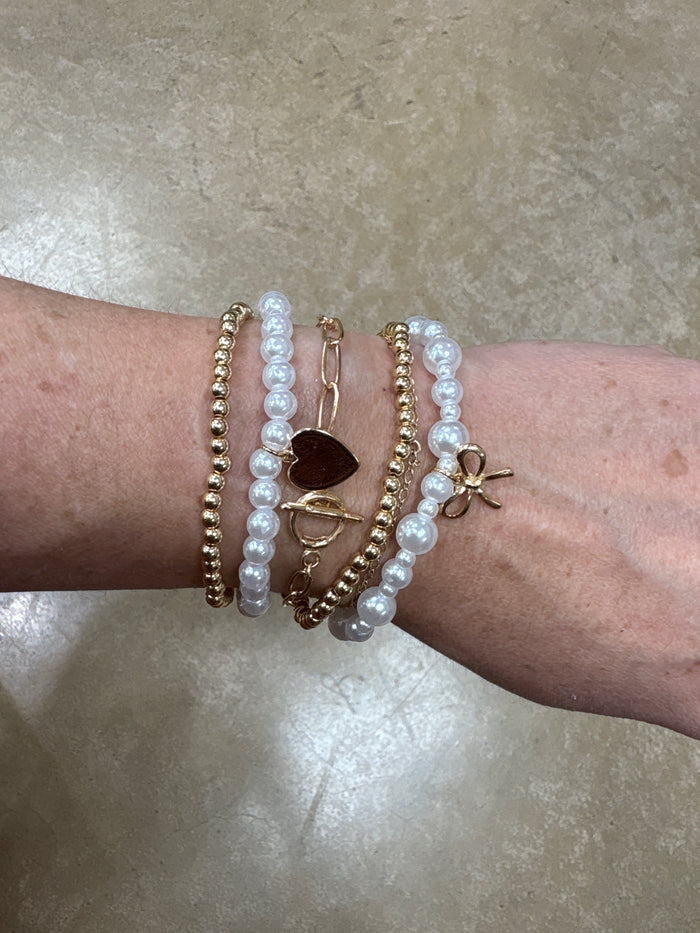 Pearl & Gold Bow/Heart Bracelet Set of 5