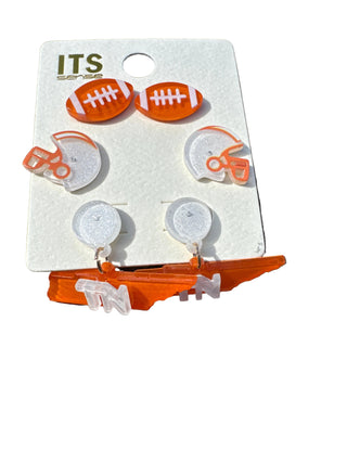 Three Pair Orange White Football Tennessee Earrings