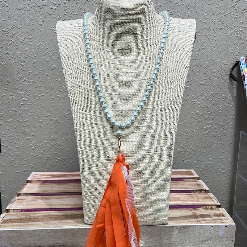 626- Orange & White Tassel Necklace w/ Pearl