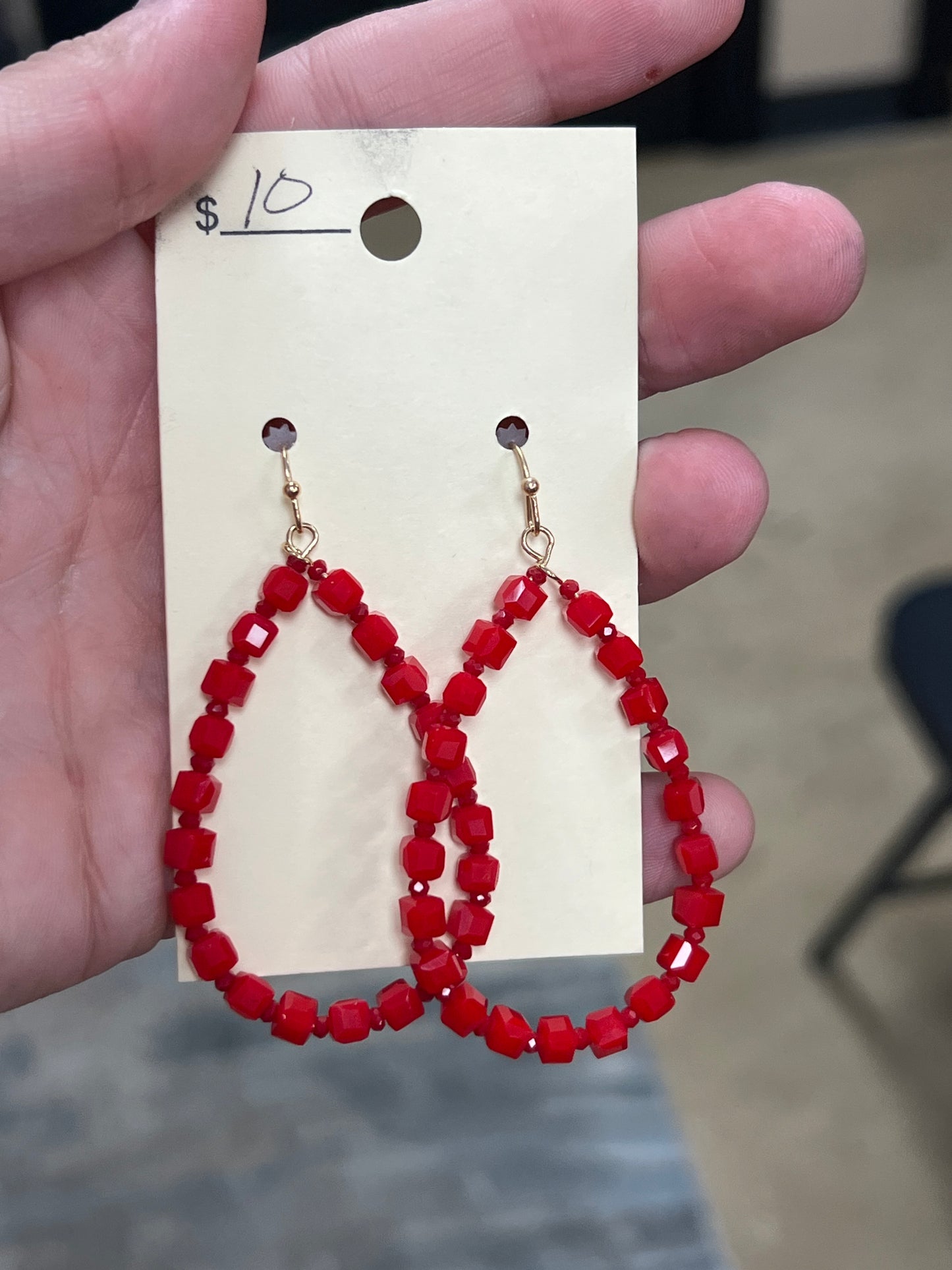 2837- Red Beaded Teardrop Earrings