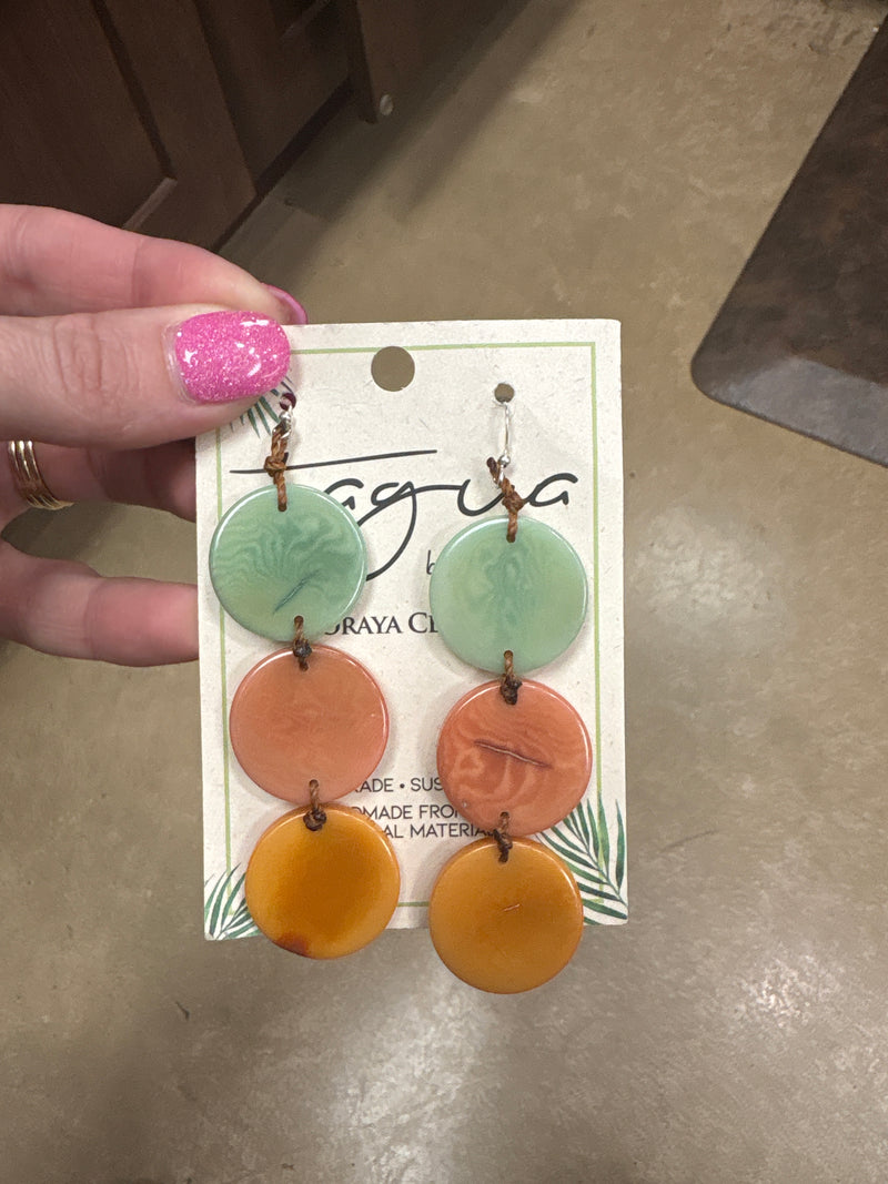 8415- Mint, Coral, & Yellow Tauga Nut Earrings