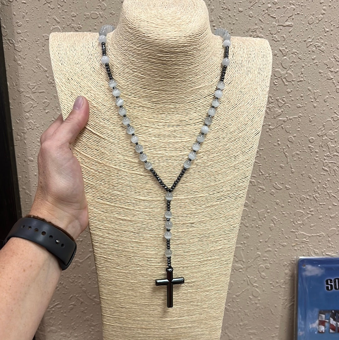 10195- White Beaded Necklace w/ Cross Dangle Pendant