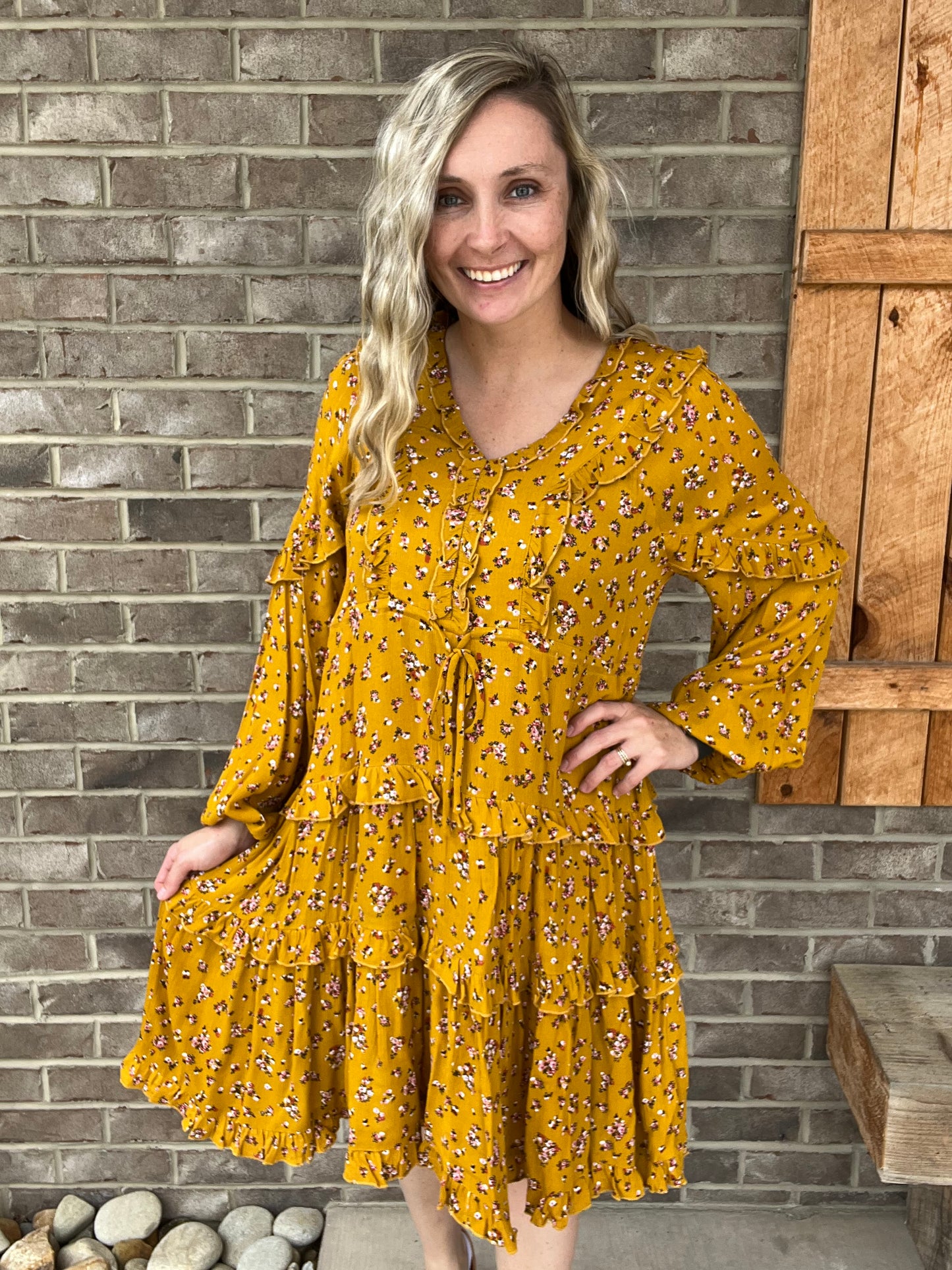 2792- Mustard Ditzy Floral Tier Dress w/ Long Sleeves