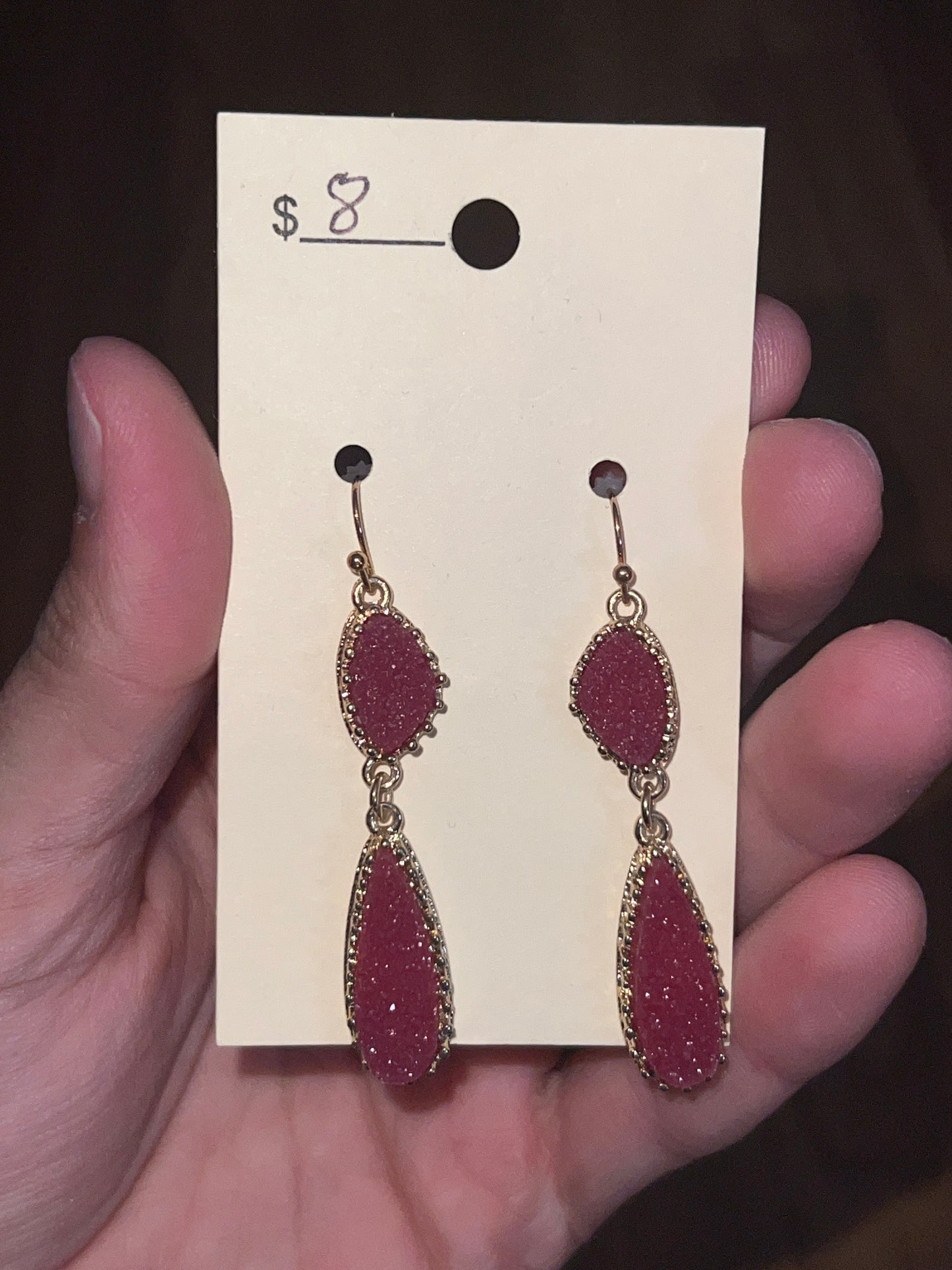 3050- Maroon Druzy Two Pendant Earrings