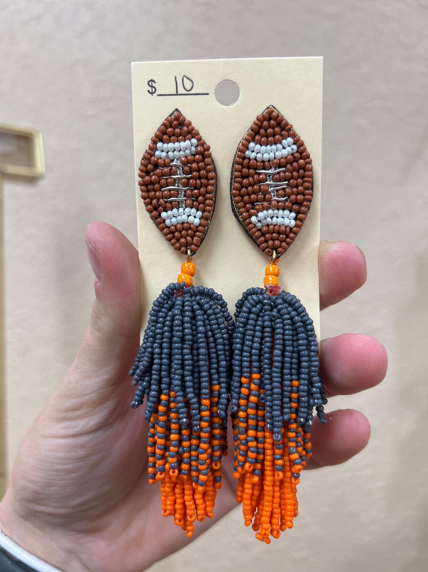 3308- Orange & Gray Deed Bead Football Earrings *TN COLLECTION*