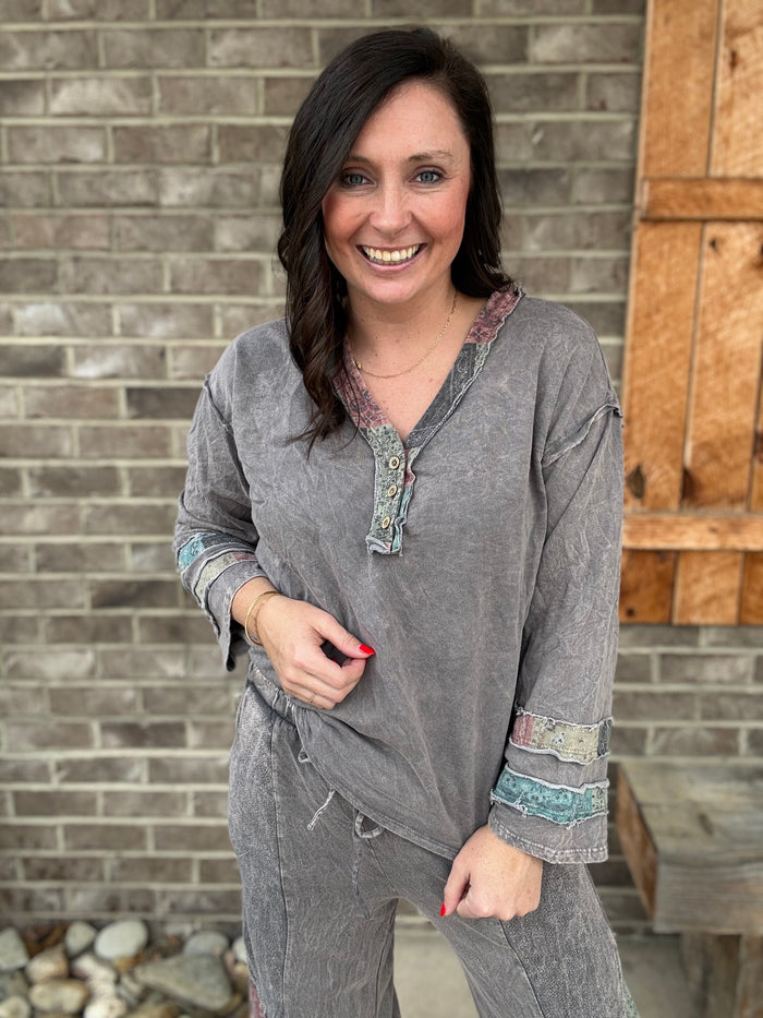 Charcoal Mineral Washed Boho Patchwork Henley Button Down Top by J. Her