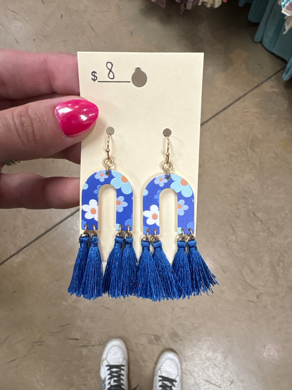 Blue Rainbow Floral Earrings w/ Fringe