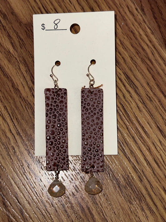 3080- Brown Bar Faux Leather Earrings w/ Gold Pendant