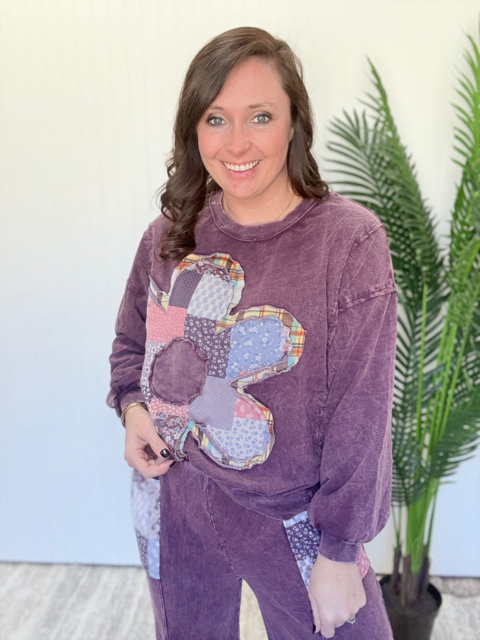 Eggplant Boho Daisy Patch Long Sleeve French Terry Pullover by J. Her