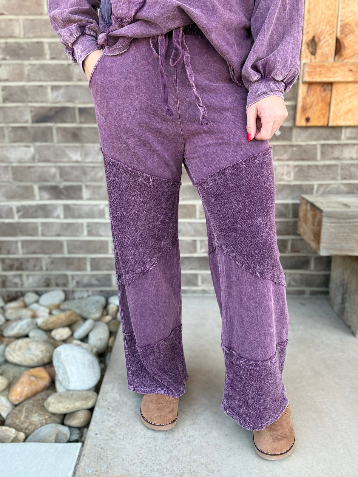 Eggplant Mineral Two-Toned Terry Wide Leg Pants