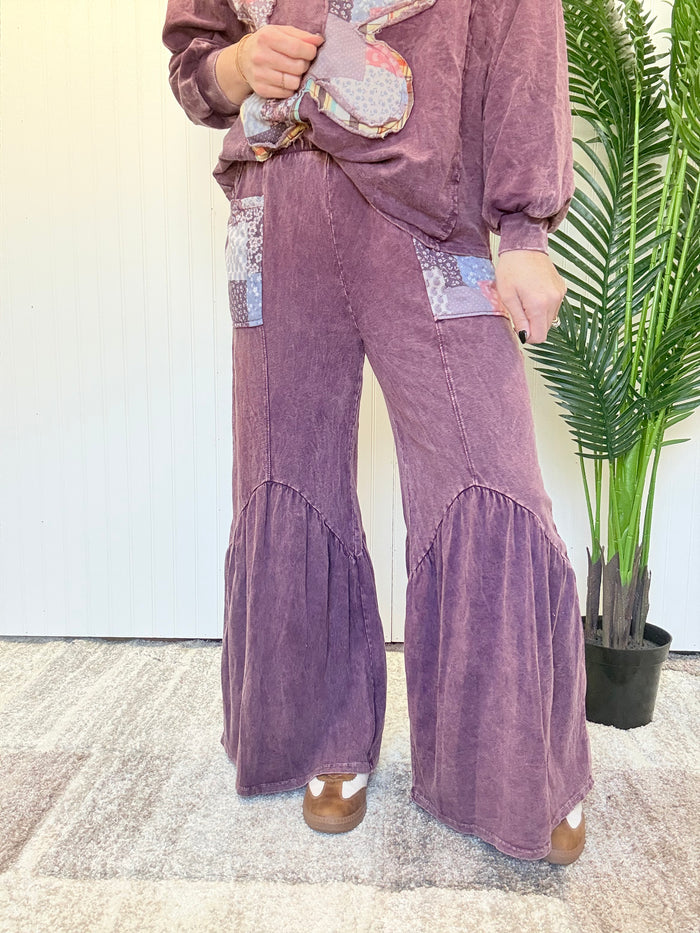 Eggplant Mineral Washed Boho Patched Pocket Flare Pants by J. Her