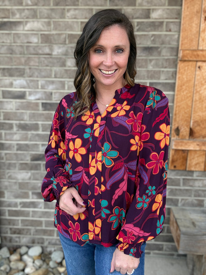 Eggplant Floral Printed Rayon Gauze Woven Top by Easel