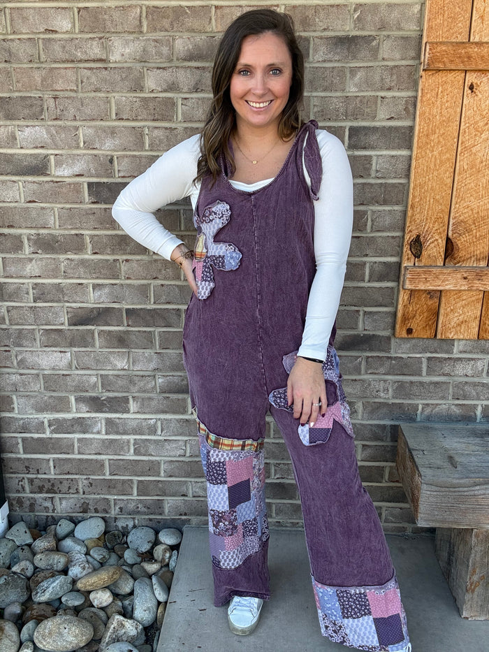 Eggplant Mineral Washed Daisy Patchwork Tie Jumpsuit by J. Her