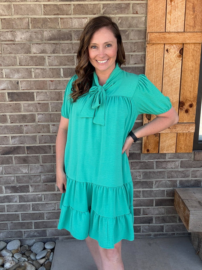 Emerald Bow Tie Babydoll Dress w/ Side Pockets