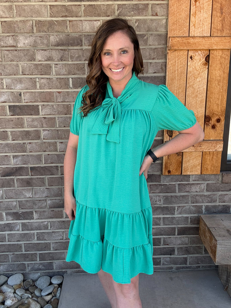 Emerald Bow Tie Babydoll Dress w/ Side Pockets