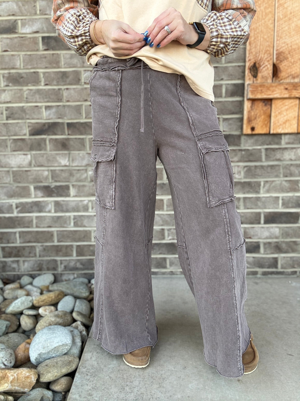 Espresso French Terry Pull On Cargo Pants by by Easel