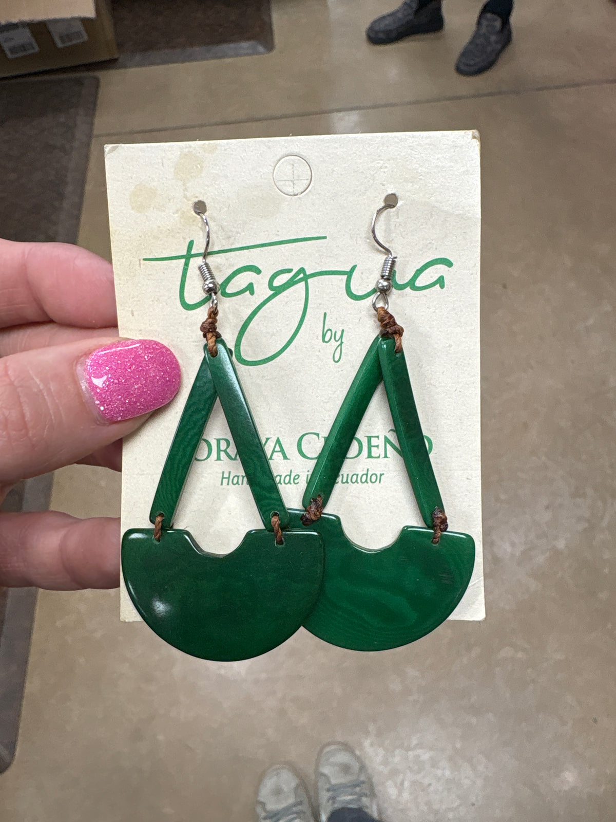 8449- Green Half Circle Pendant Tauga Nut Earrings