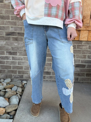 Denim Flower Patch Washed Barrel Pants by Easel