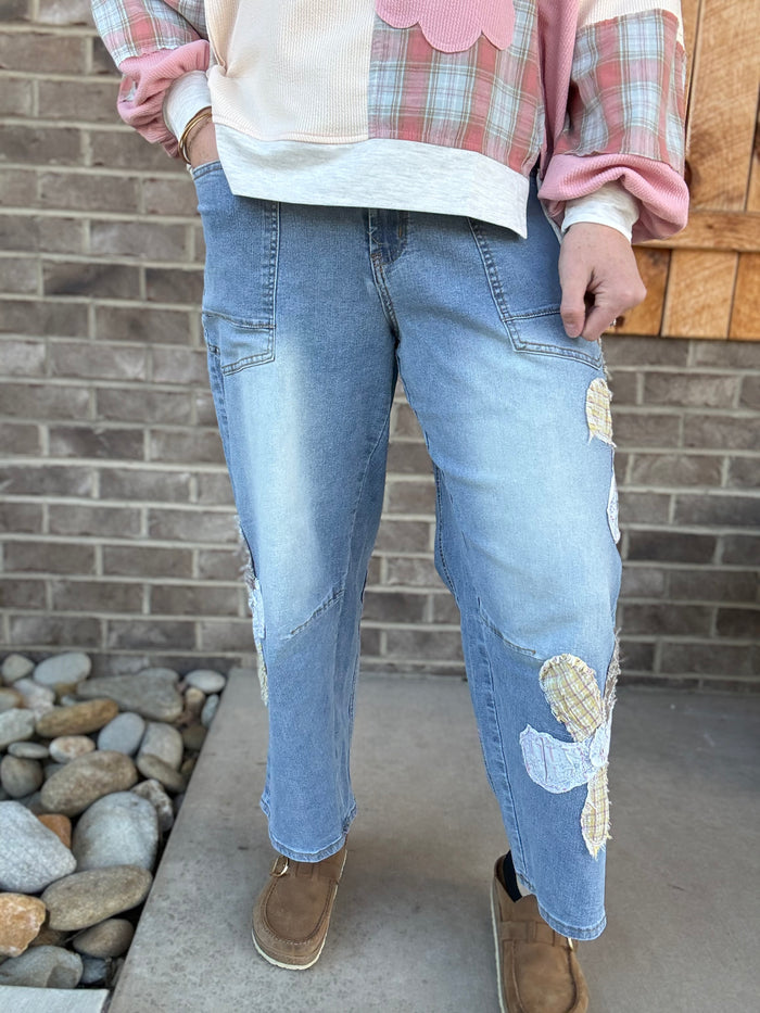 Denim Flower Patch Washed Barrel Pants by Easel