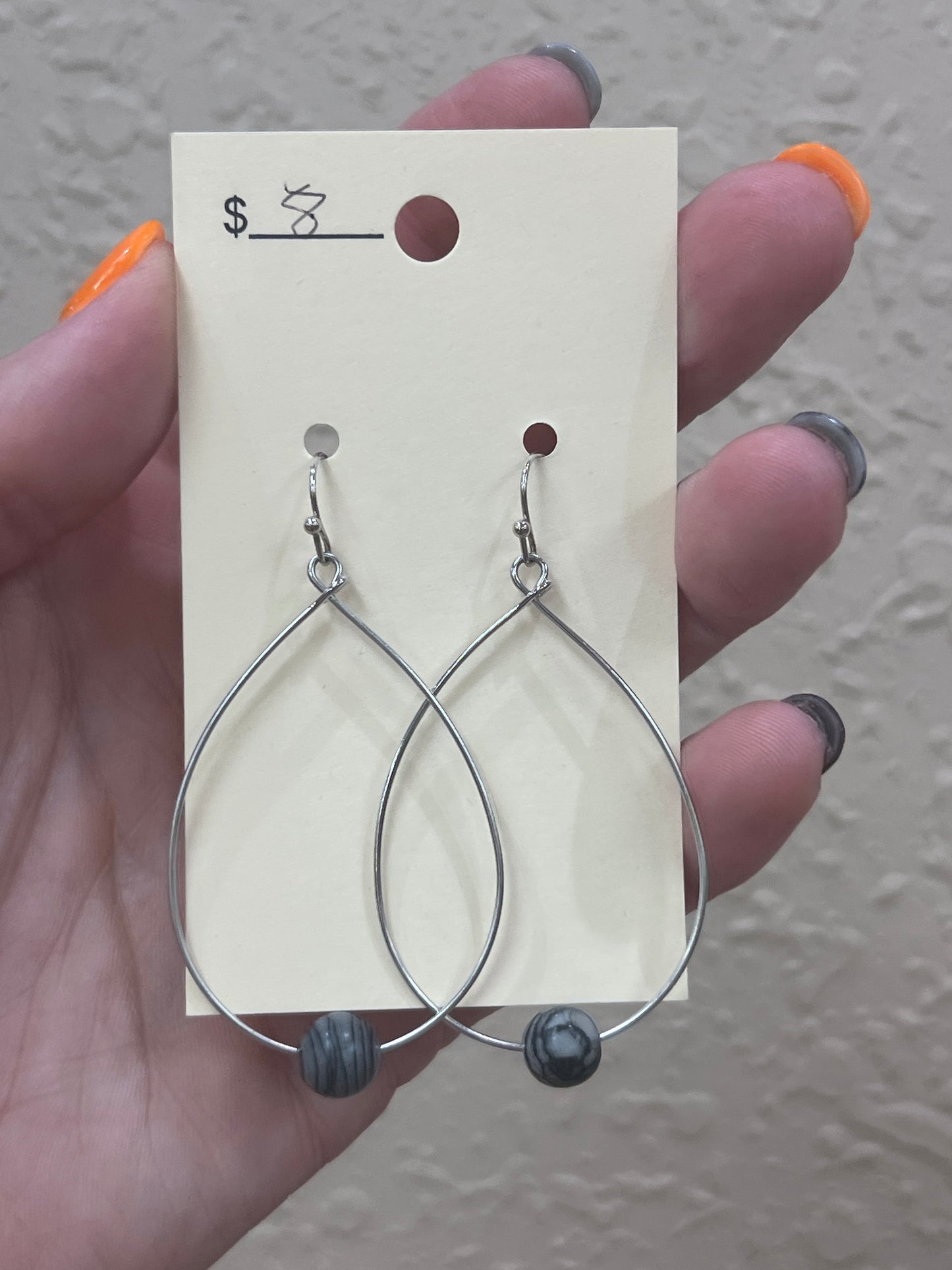 2968- Silver Teardrop w/ Black Stone Detail Earrings