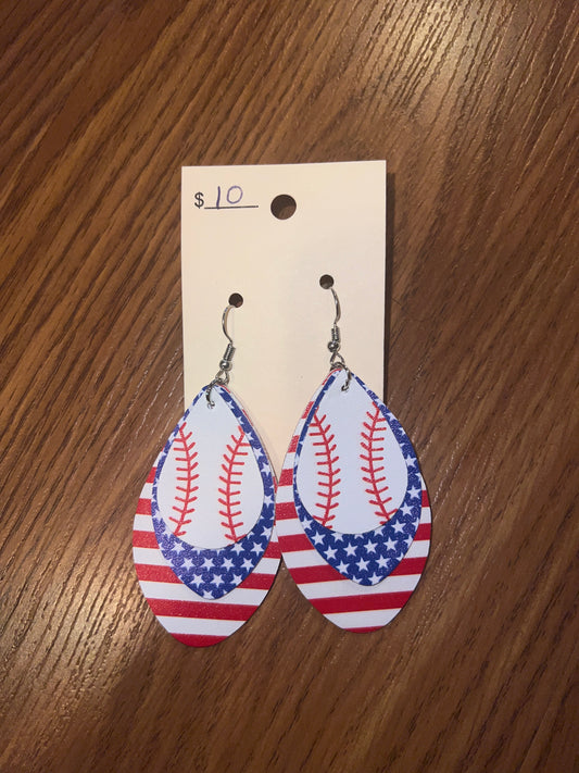 3127- Red, White, Blue Baseball Layer Earrings