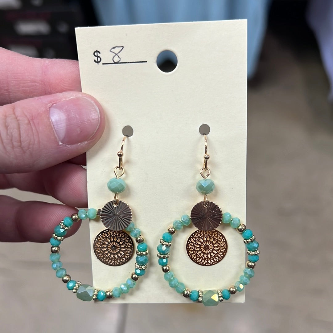 980- Green Hoop Earrings w/ Gold Pendant