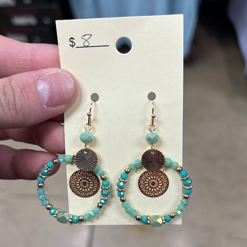 980- Green Hoop Earrings w/ Gold Pendant