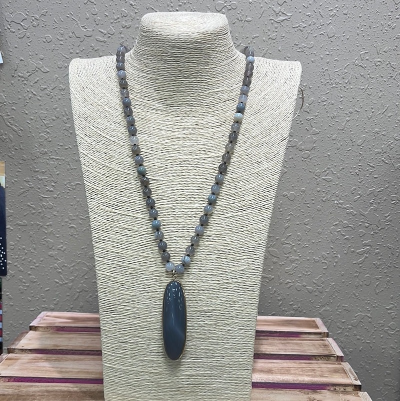 653- Gray Beaded Necklace w/ Slim Pendant