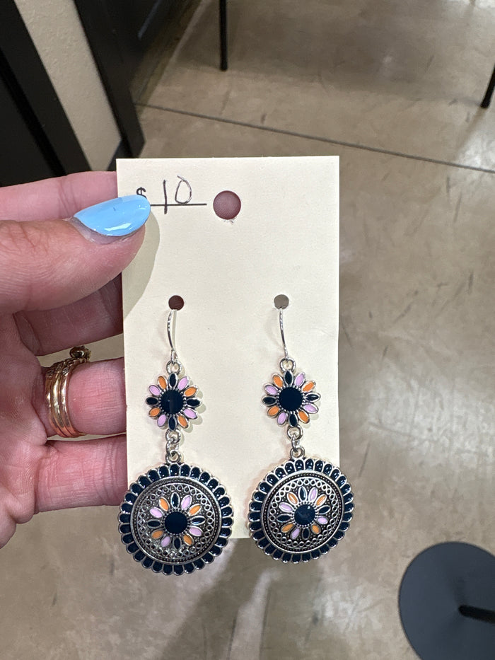 Blue & Coral Floral Silver Earrings