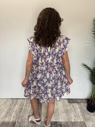 Orange and Blue Floral Pintuck Ruffle Sleeve Dress