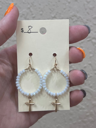 2973- White Beaded Cross Earrings