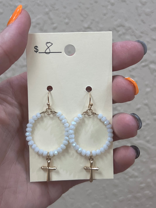 2973- White Beaded Cross Earrings