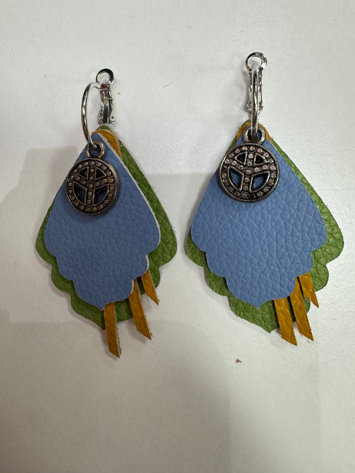 Green, Mustard, Blue Peace Charm Layered Earrings