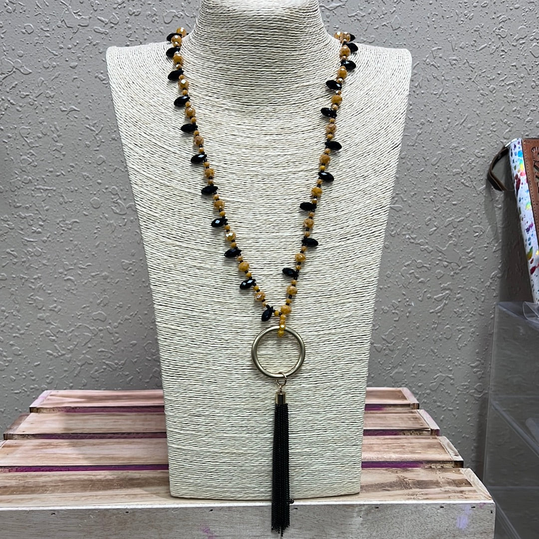 585- Black & Mustard Beaded Necklace w/ Black Tassel